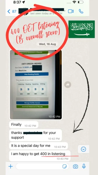 WhatsApp message from a student showing their B score result