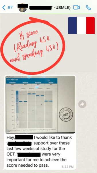 WhatsApp message from a student showing their B score result
