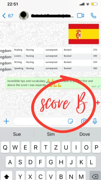 WhatsApp message from a student showing their B score result